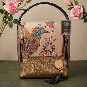 Handmade Mexican Tooled Leather Backpack - Hand Painted Hummingbird Design